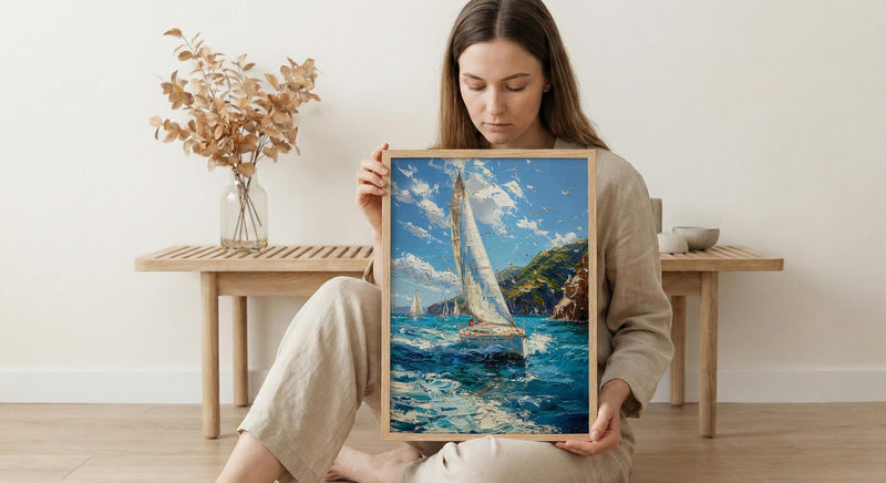 Bay Of Islands Art Print, White Sailboat Home Decor - Energetic Ocean Coast Summer Getaway