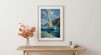 Bay Of Islands Art Print, White Sailboat Home Decor - Energetic Ocean Coast Summer Getaway