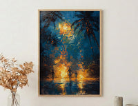 Polynesian Fire Dance Art Print, Night Beach Home Decor - Glowing Orange Coast Summer Artwork