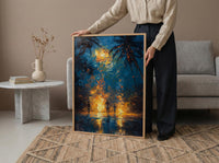 Polynesian Fire Dance Art Print, Night Beach Home Decor - Glowing Orange Coast Summer Artwork