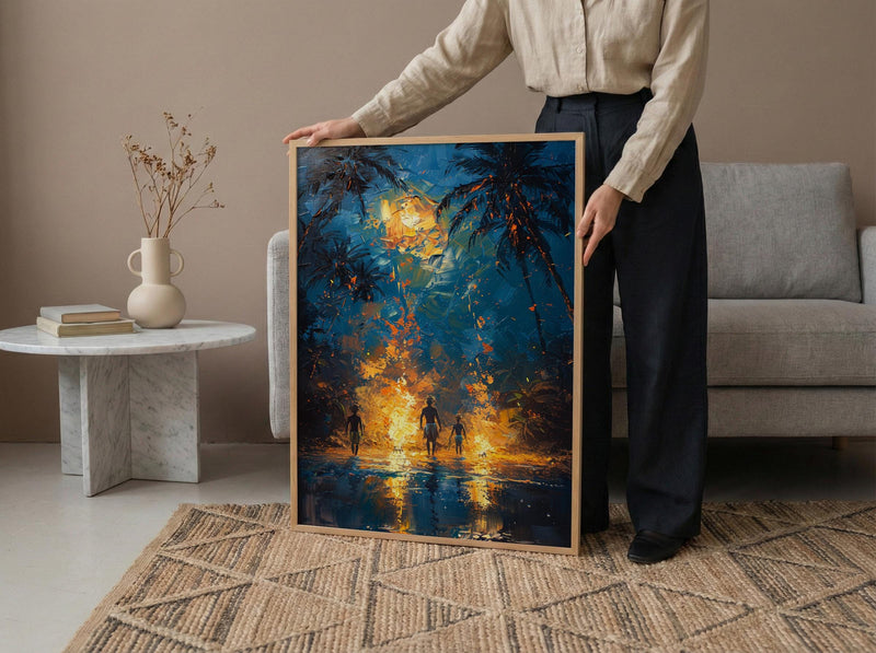 Polynesian Fire Dance Art Print, Night Beach Home Decor - Glowing Orange Coast Summer Artwork