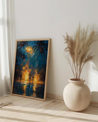 Polynesian Fire Dance Art Print, Night Beach Home Decor - Glowing Orange Coast Summer Artwork