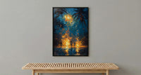 Polynesian Fire Dance Art Print, Night Beach Home Decor - Glowing Orange Coast Summer Artwork