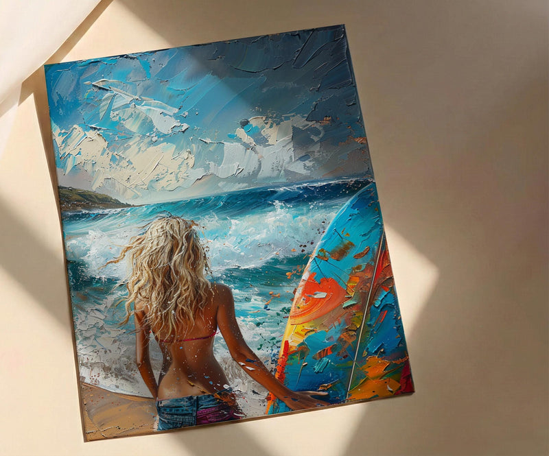 Australia Surf Girl Ocean Poster, Blue Water Home Decor - Colorful Coastal Nature Summer Holiday