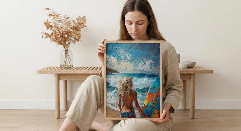 Australia Surf Girl Ocean Poster, Blue Water Home Decor - Colorful Coastal Nature Summer Holiday