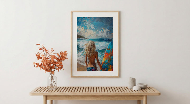 Australia Surf Girl Ocean Poster, Blue Water Home Decor - Colorful Coastal Nature Summer Holiday