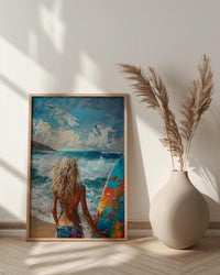 Australia Surf Girl Ocean Poster, Blue Water Home Decor - Colorful Coastal Nature Summer Holiday