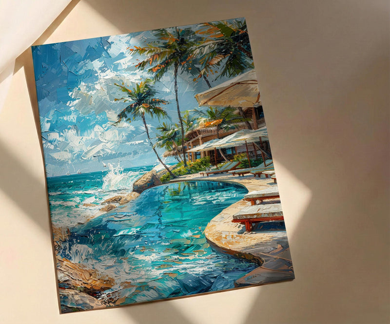 Fiji Beach Club Wall Art, White Parasol Home Decor - Tropical Pool Coast Summer Escape