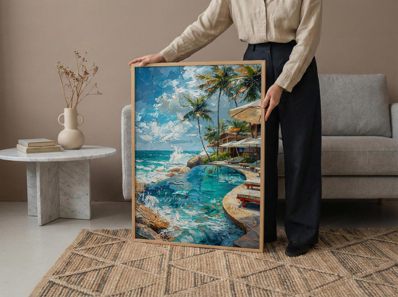 Fiji Beach Club Wall Art, White Parasol Home Decor - Tropical Pool Coast Summer Escape