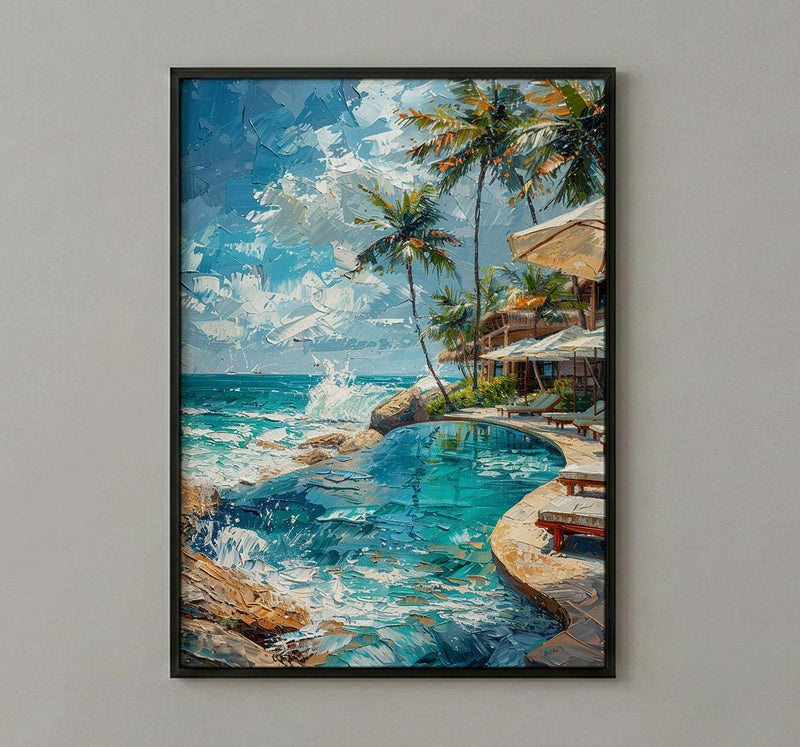Fiji Beach Club Wall Art, White Parasol Home Decor - Tropical Pool Coast Summer Escape