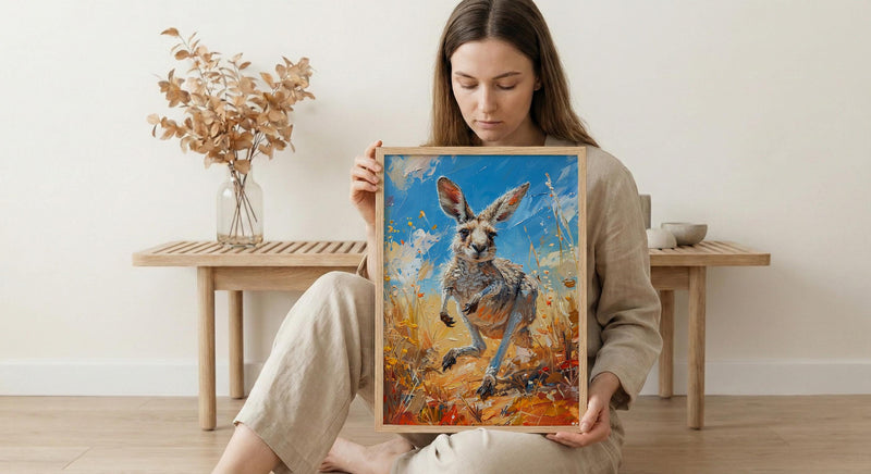 Australia Kangaroo Wild Art Print, Red Earth Home Decor - Dusty Outback Desert Summer Morning