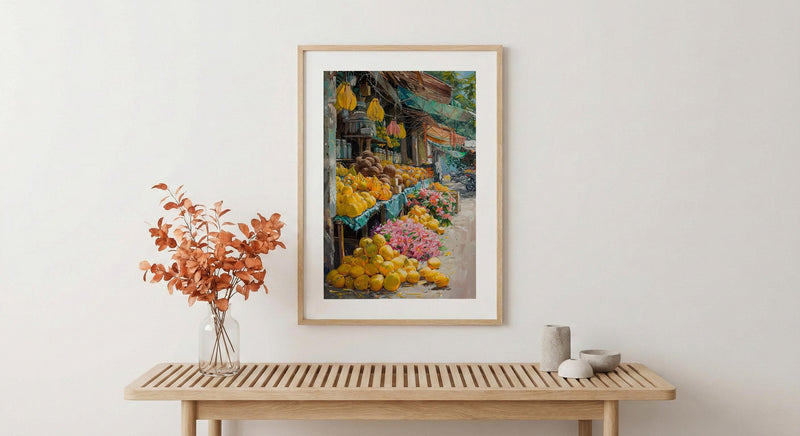 Samoa Fruit Market Art Print, Bright Papaya Home Decor - Tropical Island Town Summer Scenery