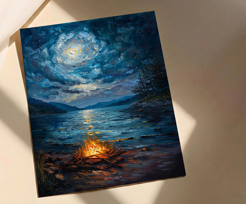 Beach Campfire Night Coast Poster, Starry Sky Home Decor - New Zealand Ocean Summer Escape