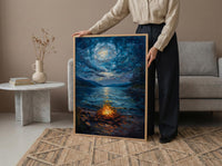 Beach Campfire Night Coast Poster, Starry Sky Home Decor - New Zealand Ocean Summer Escape