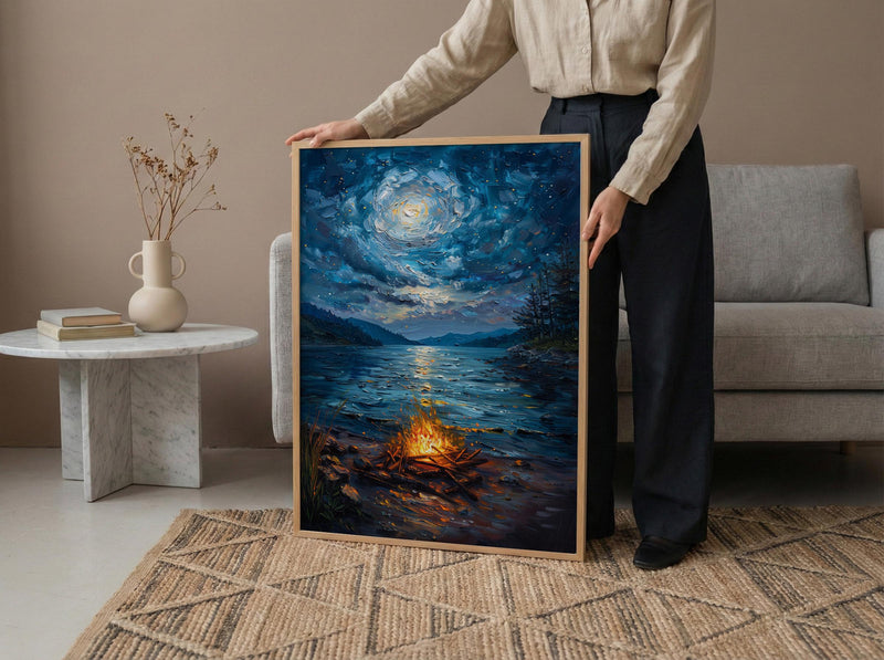 Beach Campfire Night Coast Poster, Starry Sky Home Decor - New Zealand Ocean Summer Escape