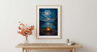 Beach Campfire Night Coast Poster, Starry Sky Home Decor - New Zealand Ocean Summer Escape