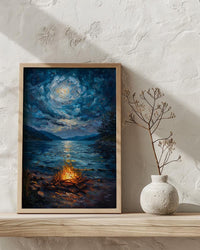 Beach Campfire Night Coast Poster, Starry Sky Home Decor - New Zealand Ocean Summer Escape