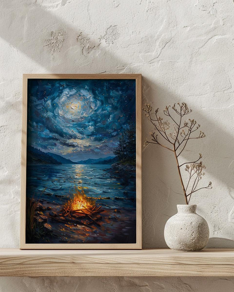 Beach Campfire Night Coast Poster, Starry Sky Home Decor - New Zealand Ocean Summer Escape