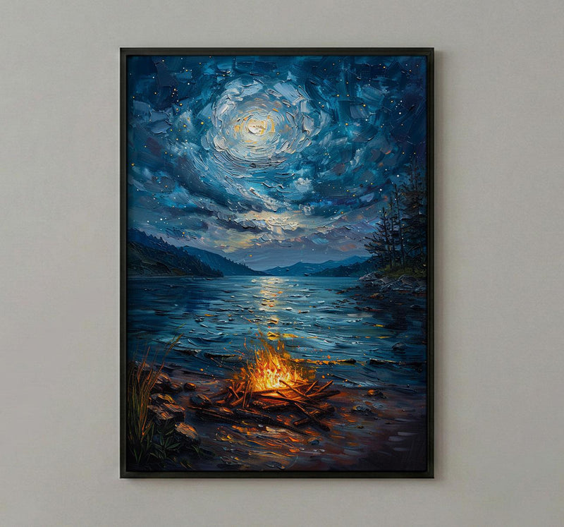 Beach Campfire Night Coast Poster, Starry Sky Home Decor - New Zealand Ocean Summer Escape