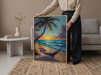 Fiji Beach Hammock Art Print, Golden Sunset Home Decor - Tropical Palm Coast Summer Getaway