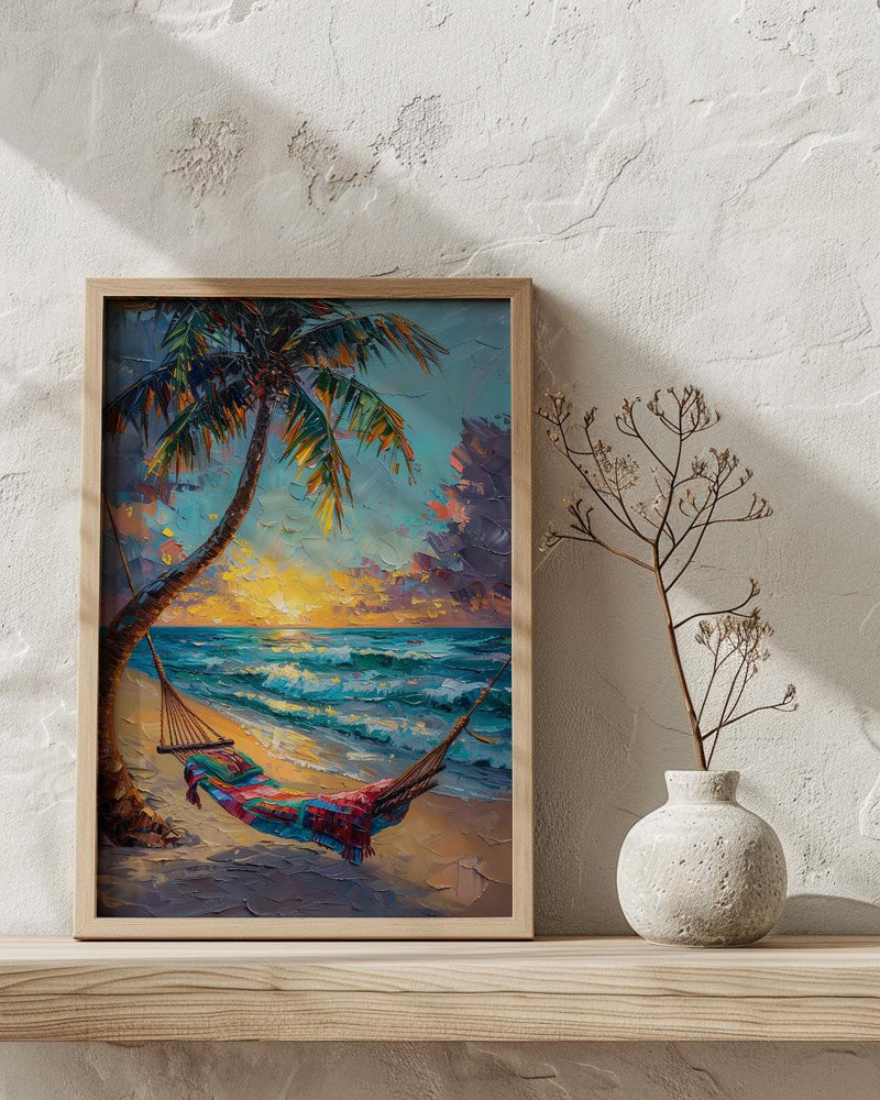 Fiji Beach Hammock Art Print, Golden Sunset Home Decor - Tropical Palm Coast Summer Getaway