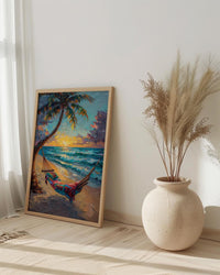 Fiji Beach Hammock Art Print, Golden Sunset Home Decor - Tropical Palm Coast Summer Getaway