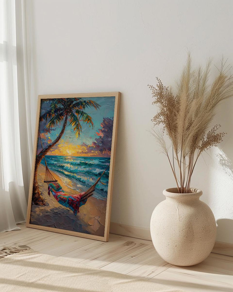 Fiji Beach Hammock Art Print, Golden Sunset Home Decor - Tropical Palm Coast Summer Getaway