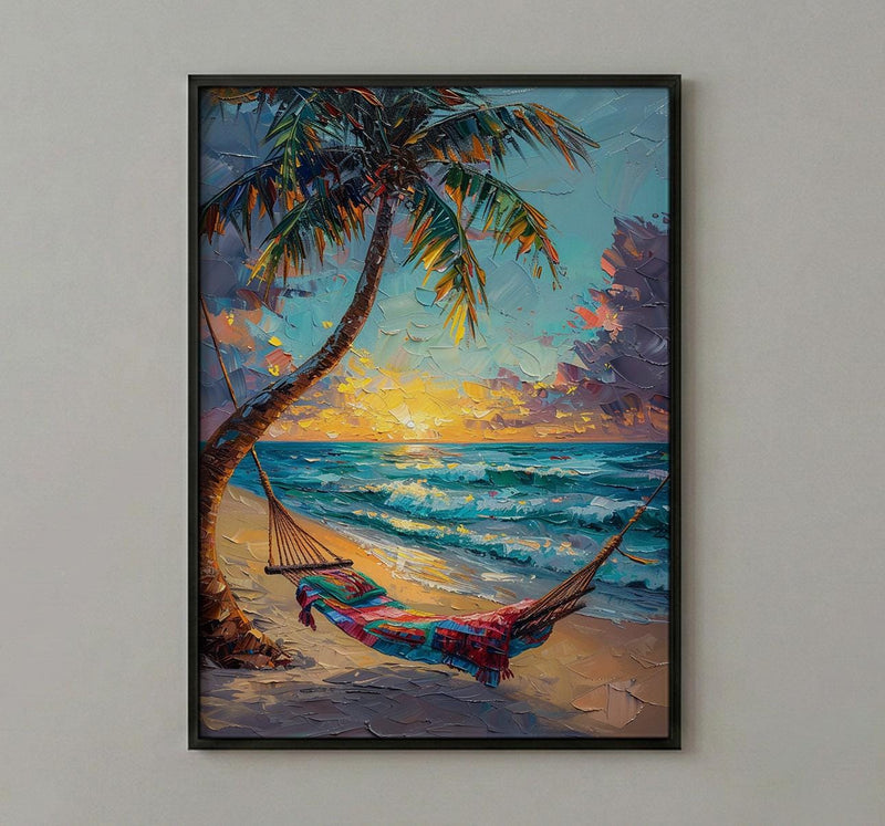 Fiji Beach Hammock Art Print, Golden Sunset Home Decor - Tropical Palm Coast Summer Getaway