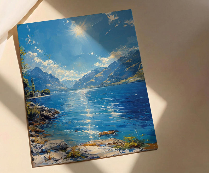 Queenstown Lake View Nature Poster, Majestic Mountain Home Decor - New Zealand Water Summer Beauty