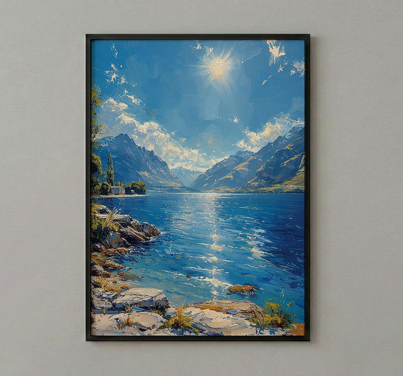 Queenstown Lake View Nature Poster, Majestic Mountain Home Decor - New Zealand Water Summer Beauty