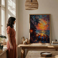 Fiji Kava Ceremony Art Print, Island Village Home Decor - Traditional Evening Gathering Summer Setting