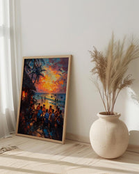 Fiji Kava Ceremony Art Print, Island Village Home Decor - Traditional Evening Gathering Summer Setting