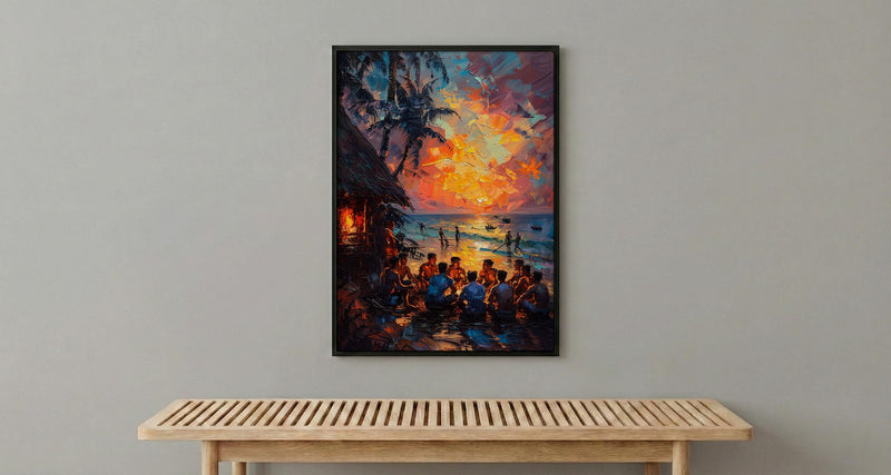 Fiji Kava Ceremony Art Print, Island Village Home Decor - Traditional Evening Gathering Summer Setting