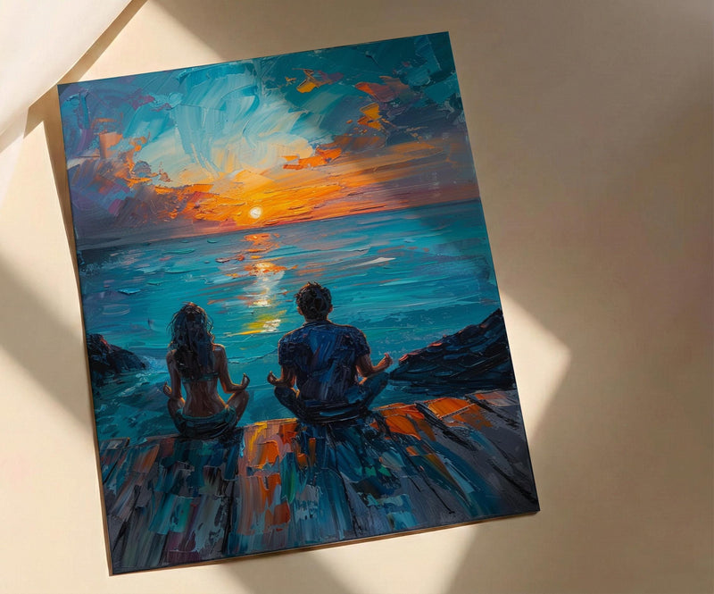 Sunrise Yoga Beach Art Print, Calm Ocean Home Decor - Wooden Deck Coast Summer Retreat
