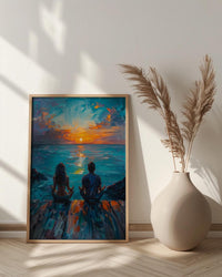 Sunrise Yoga Beach Art Print, Calm Ocean Home Decor - Wooden Deck Coast Summer Retreat