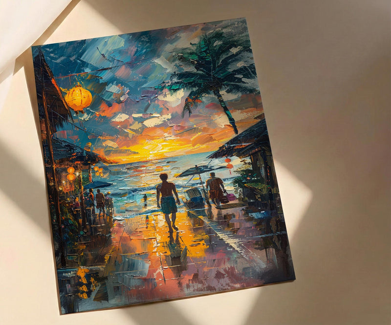 Samoa Fish Market Art Print, Blue Ocean Home Decor - Sunrise Coastal Town Summer Morning