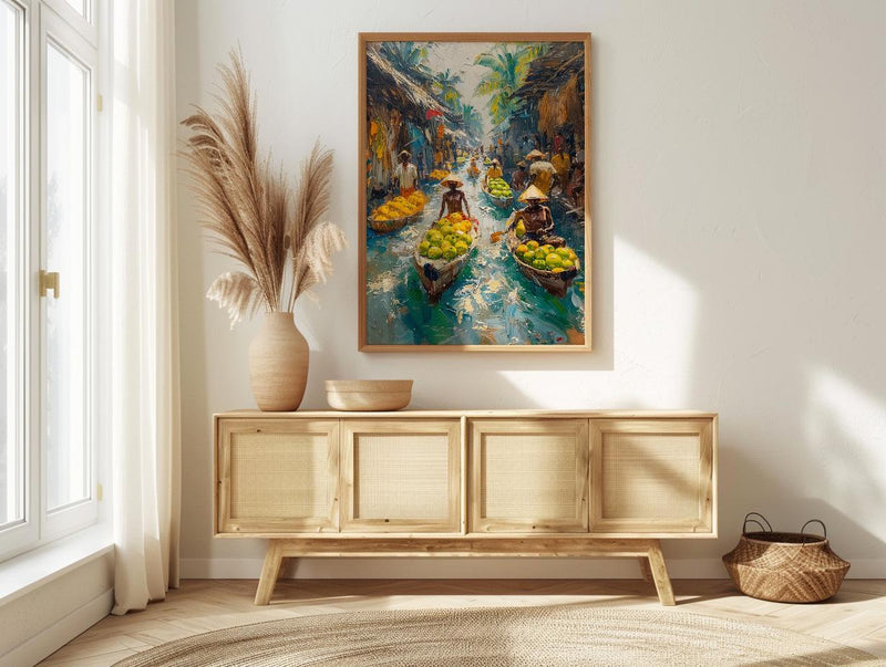 Solomon Canoe Market Coast Poster, Green Coconut Home Decor - Tropical Island Town Summer Paradise