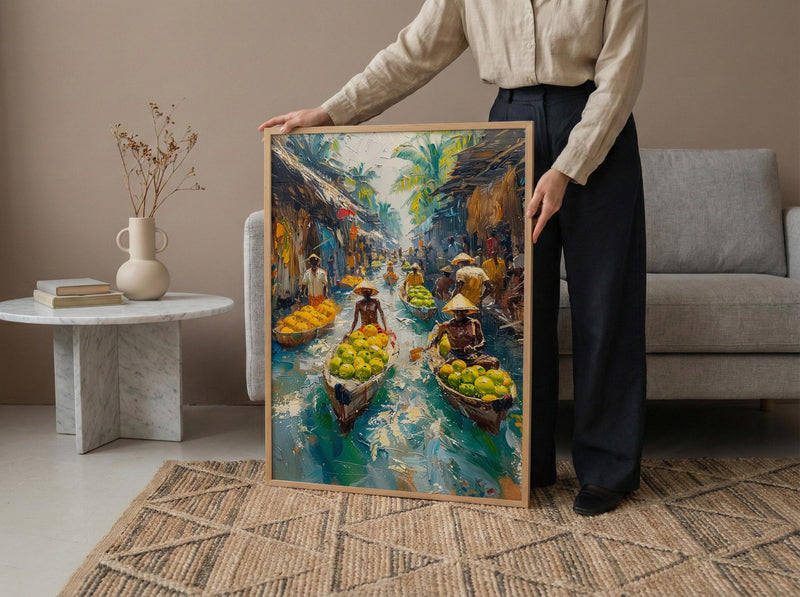 Solomon Canoe Market Coast Poster, Green Coconut Home Decor - Tropical Island Town Summer Paradise