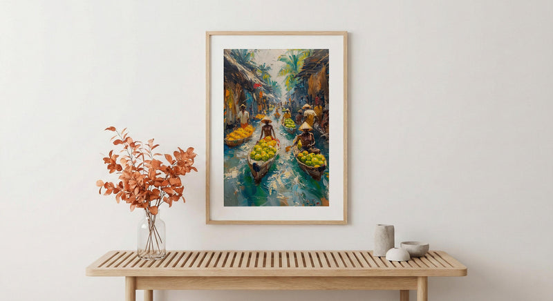 Solomon Canoe Market Coast Poster, Green Coconut Home Decor - Tropical Island Town Summer Paradise