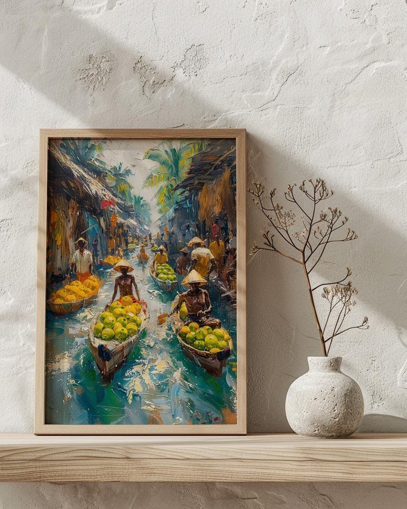 Solomon Canoe Market Coast Poster, Green Coconut Home Decor - Tropical Island Town Summer Paradise