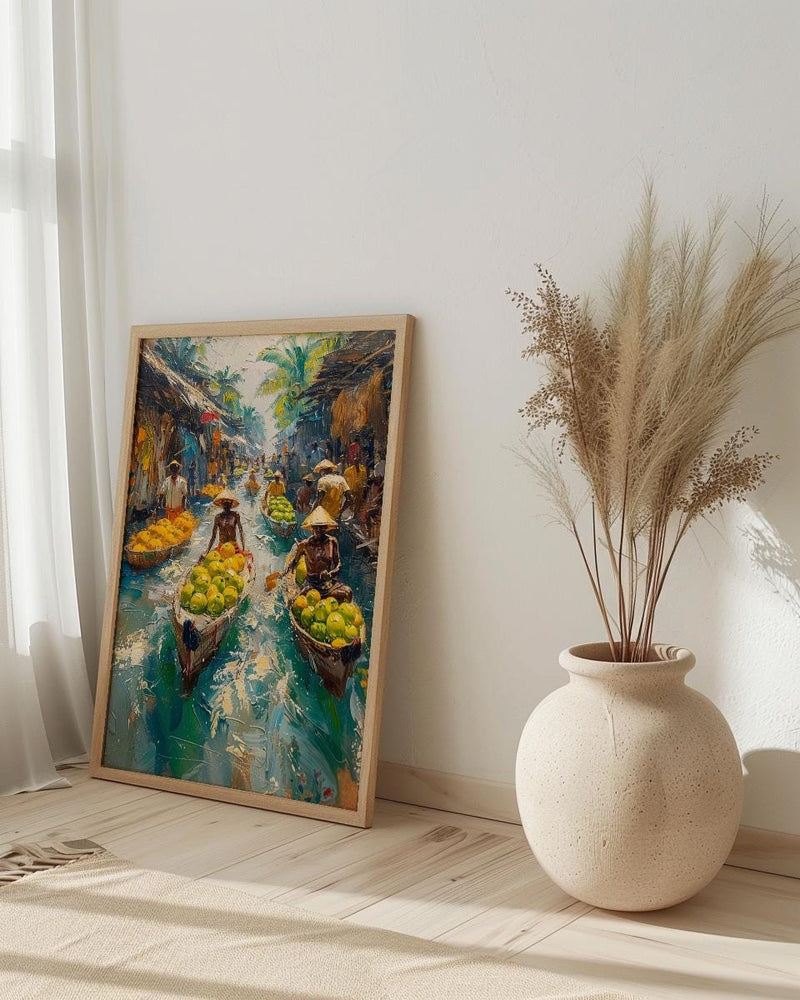 Solomon Canoe Market Coast Poster, Green Coconut Home Decor - Tropical Island Town Summer Paradise