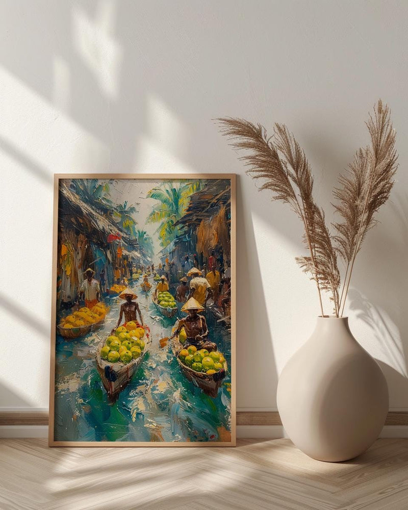 Solomon Canoe Market Coast Poster, Green Coconut Home Decor - Tropical Island Town Summer Paradise