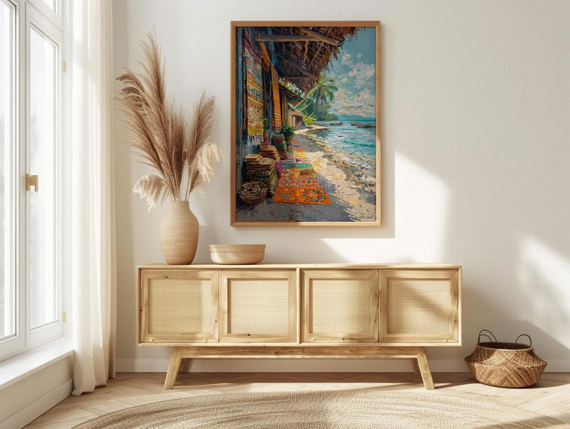 Tonga Craft Market Art Print, Traditional Tapa Home Decor - Woven Mat Town Summer Setting