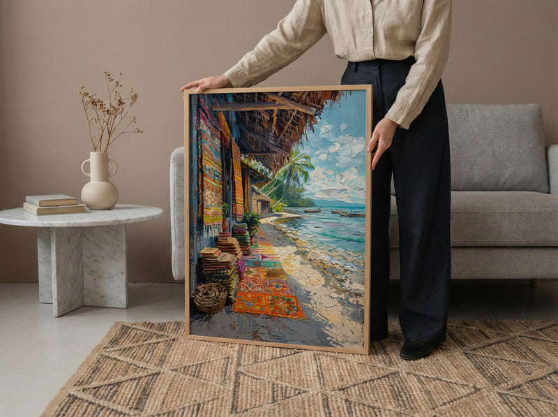 Tonga Craft Market Art Print, Traditional Tapa Home Decor - Woven Mat Town Summer Setting