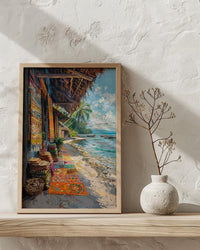 Tonga Craft Market Art Print, Traditional Tapa Home Decor - Woven Mat Town Summer Setting