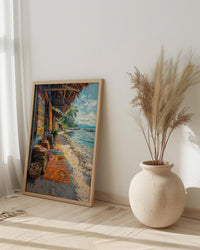 Tonga Craft Market Art Print, Traditional Tapa Home Decor - Woven Mat Town Summer Setting