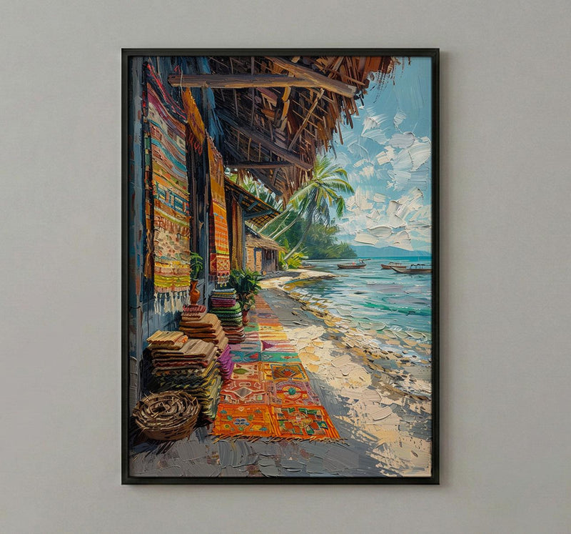 Tonga Craft Market Art Print, Traditional Tapa Home Decor - Woven Mat Town Summer Setting