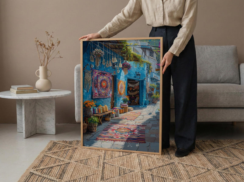 Byron Bay Market Art Print, Boho Artisan Home Decor - Colorful Textile Town Summer Scene