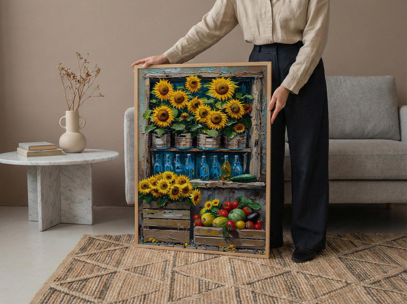 Australia Farm Market Wall Art, Bright Sunflower Home Decor - Rustic Wooden Town Summer Beauty
