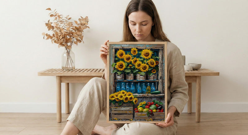 Australia Farm Market Wall Art, Bright Sunflower Home Decor - Rustic Wooden Town Summer Beauty